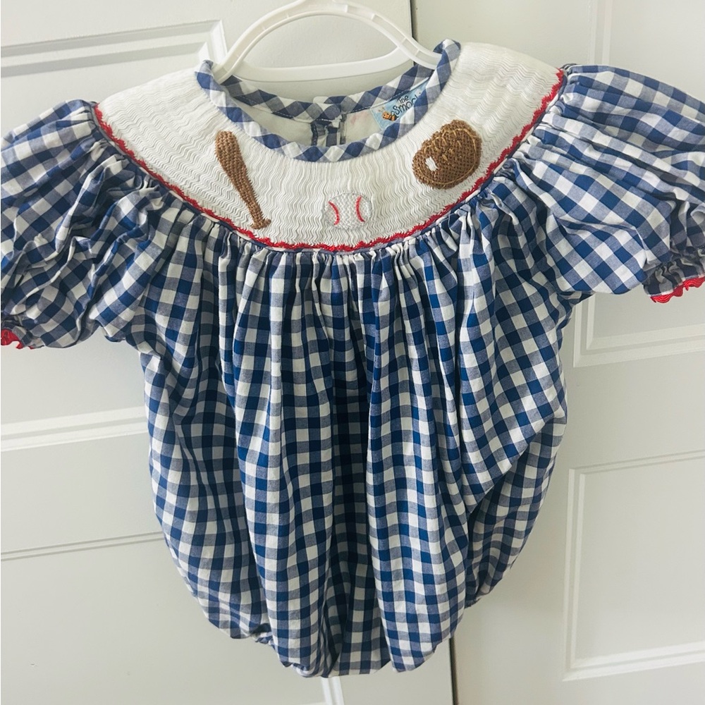 Blue and White Gingham Smocked Baseball Baby Romper Bubble Cottage Core